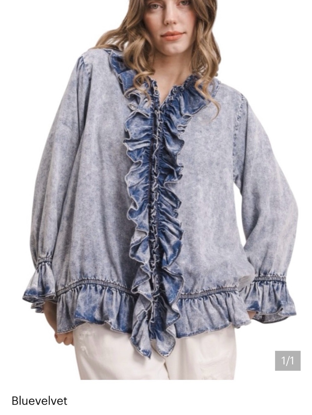 Blue Velvet Ruffle-Front Button Down Blouse